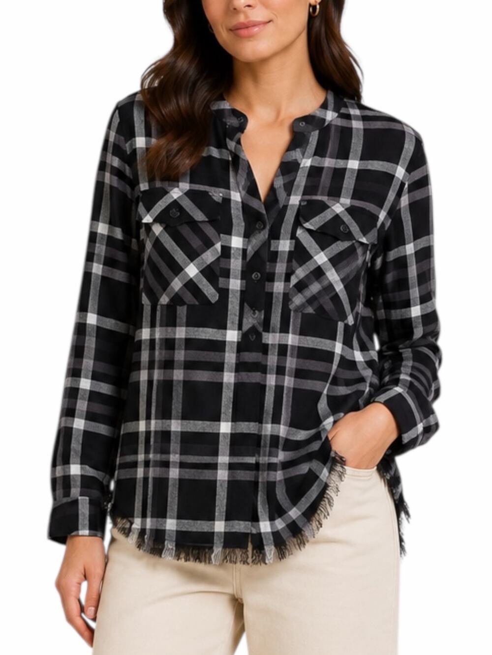 Rails Redding Frayed Trim Plaid Hi Lo Shirt In Ink Grey White Size XS